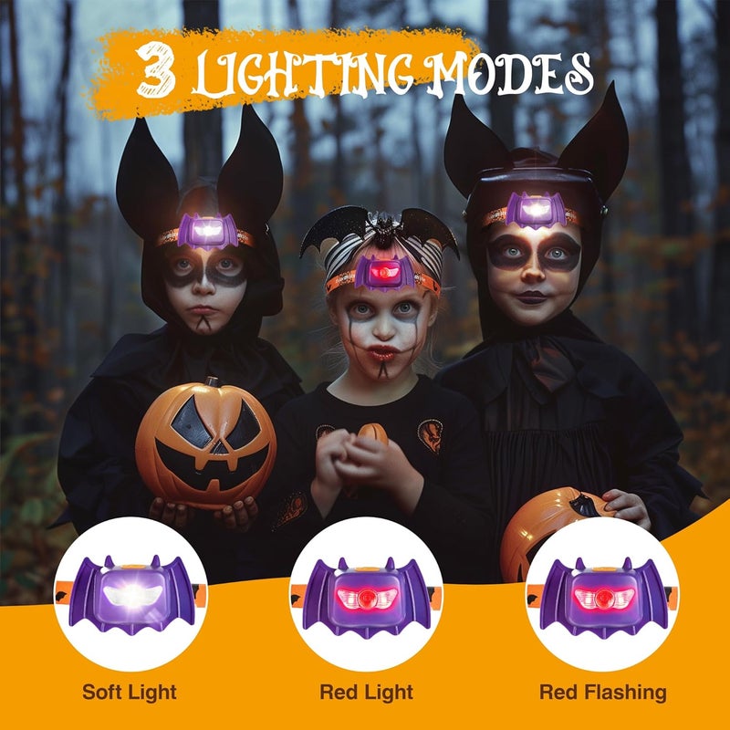 EverBrite Halloween Bat Headlamps Halloween Gifts, 5 Pack Head Lamps with Warm/Red/Strobe 3 Modes, Headlights for Halloween Party and Decorations - Image 3